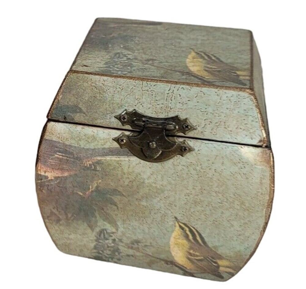 Vintage Wood Trinket Box Song Bird Print Distressed Dresser Keepsake Hinged Lid